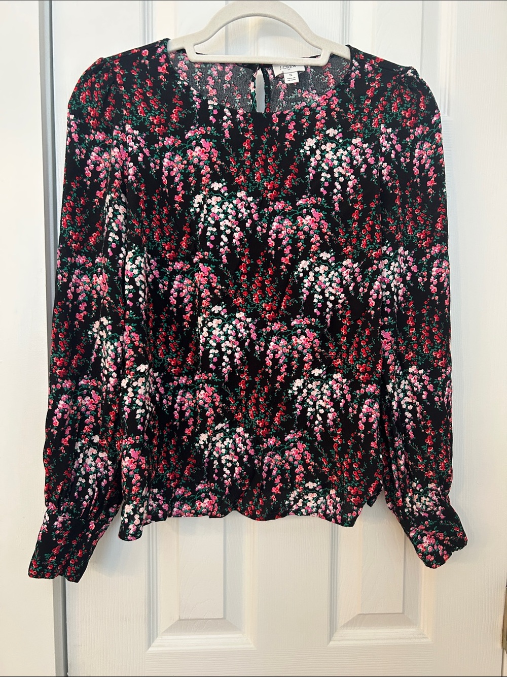 J. Crew Black Blouse with Pink & Red Floral Print